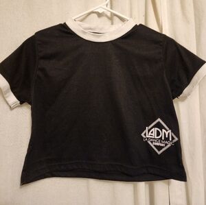 Cropped black & white dance tee with logo, size small.
